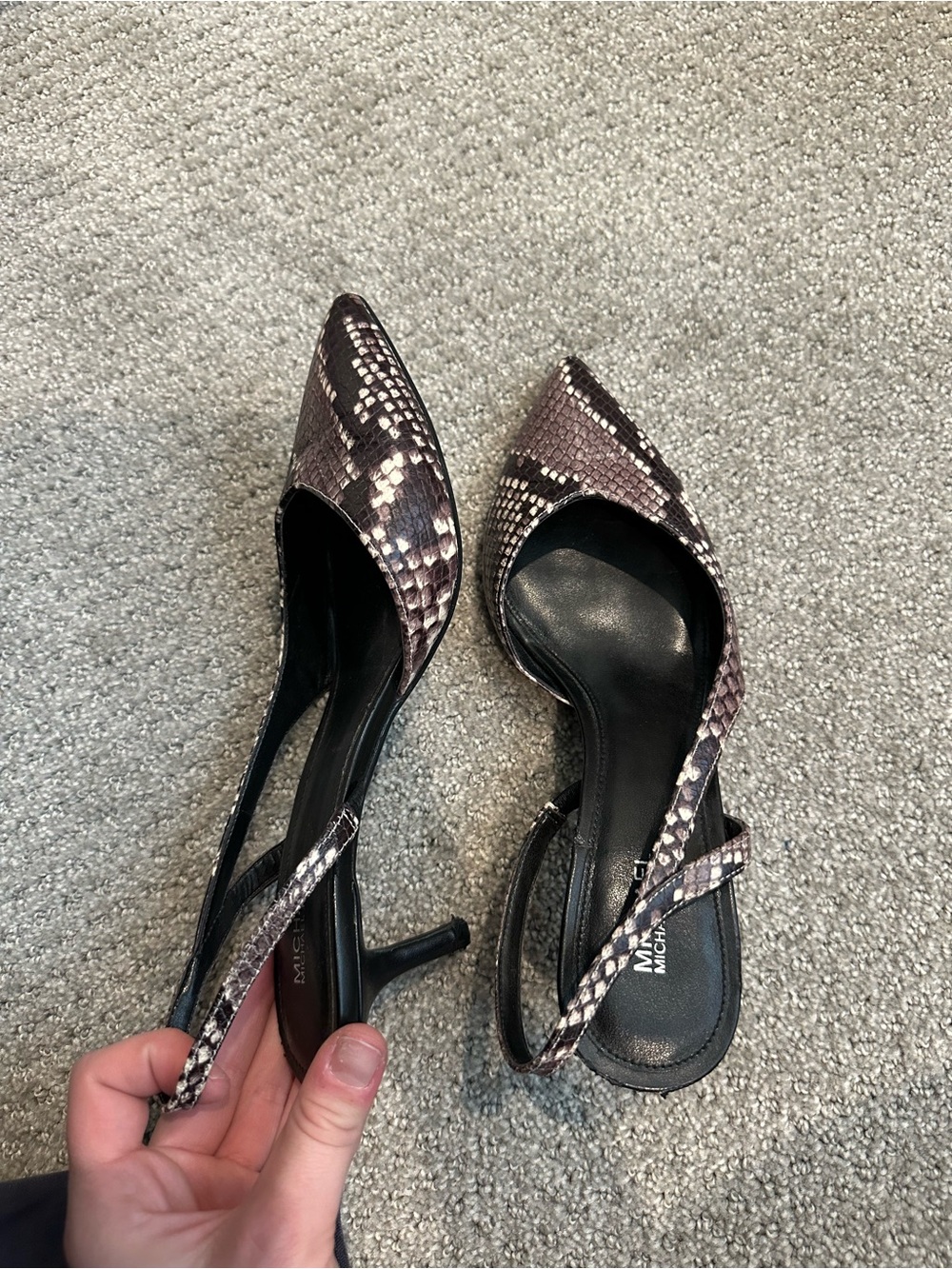 Michael Kors Snake-Print Pointed Toe Slingback Heels in Black and Brown